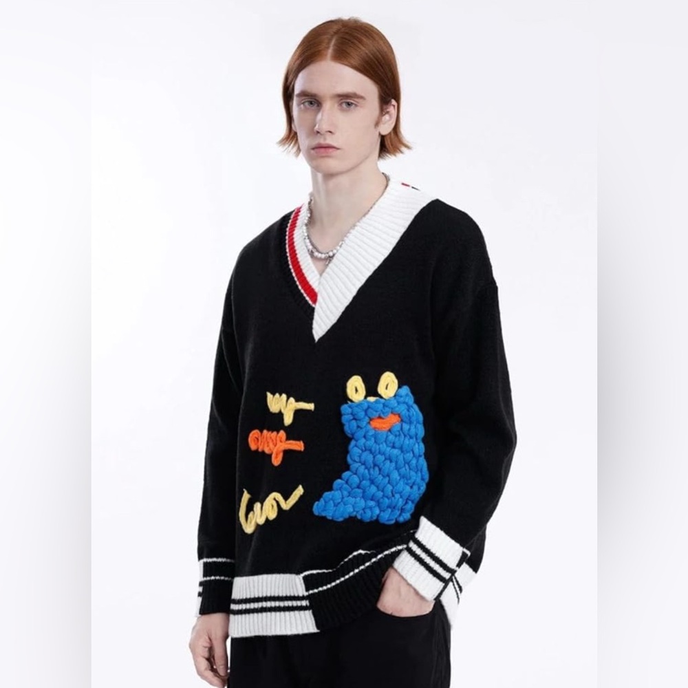 Aelfric Eden Black V-Neck Sweater with Blue and Yellow Design